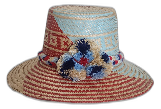 Handmade Wayuu straw hat with red and light blue weave