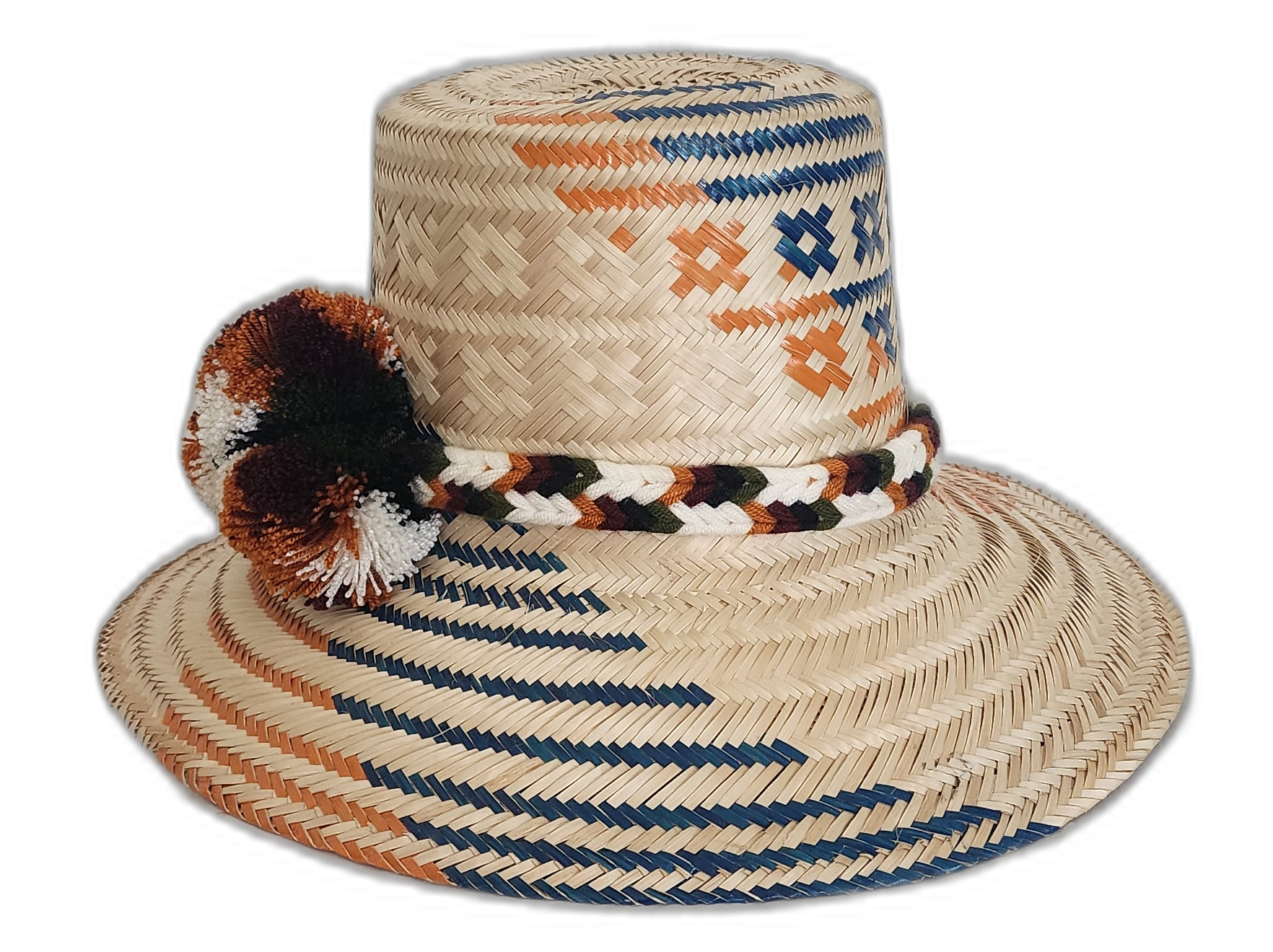 Artisan boho hat with white, rust, and green pompoms on neutral straw
