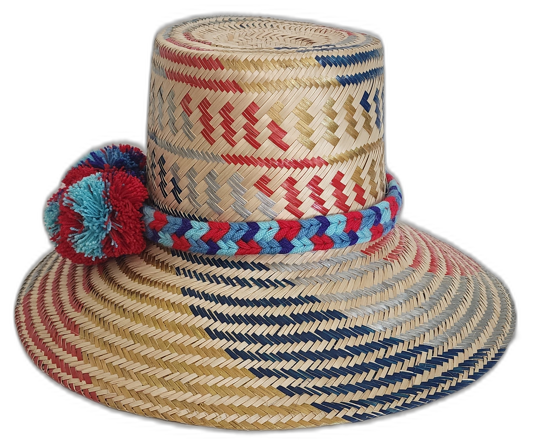 Artisan straw hat featuring bold primary weave and braided color band