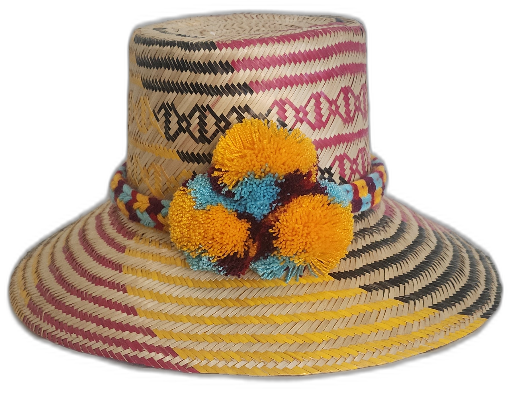 Handmade Wayuu straw hat with yellow, blue, and maroon pompoms