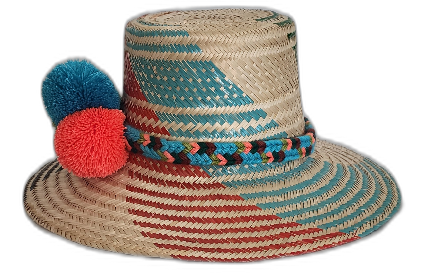 Colorful Boho Chick hat with bold woven patterns and vibrant design