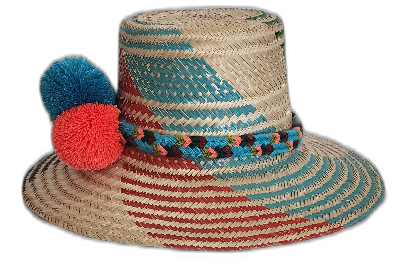Colorful Boho Chick hat with bold woven patterns and vibrant design
