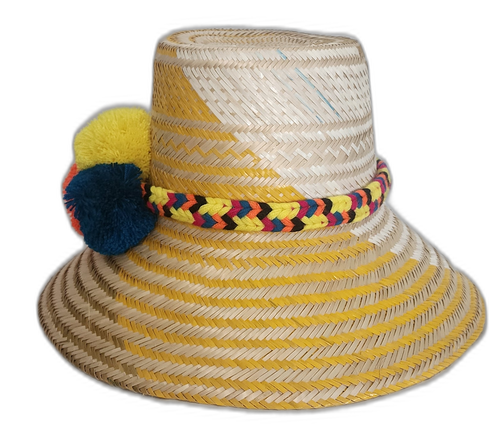 Artisan-crafted straw hat with cheerful color palette and traditional braided band.