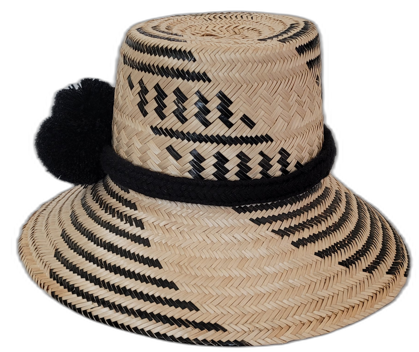 Artisan Wayuu straw hat Brooke in natural and black tones with simple pompom detail


