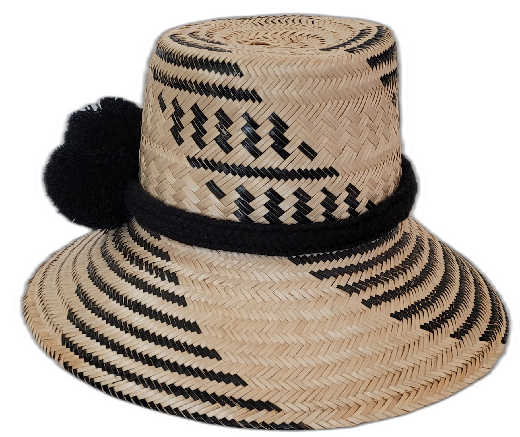 Artisan Wayuu straw hat Brooke in natural and black tones with simple pompom detail

