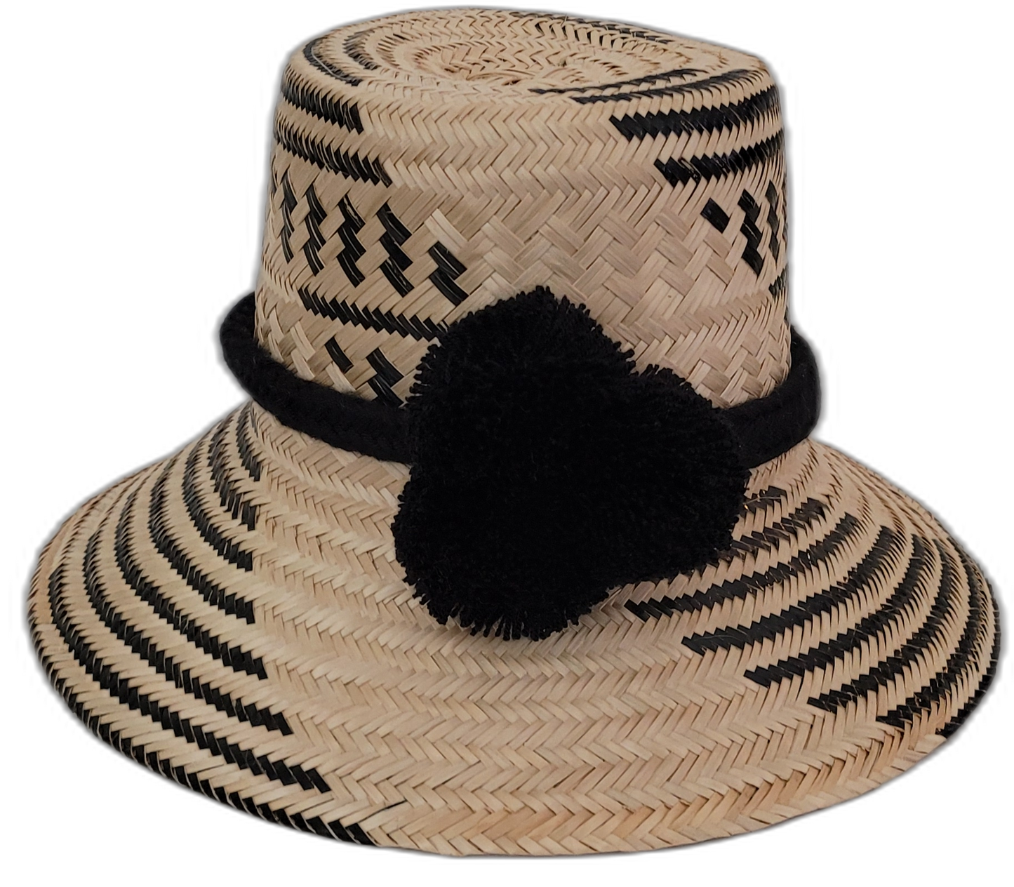 Brooke handmade Wayuu hat with minimalist black and natural weave and black pompom

