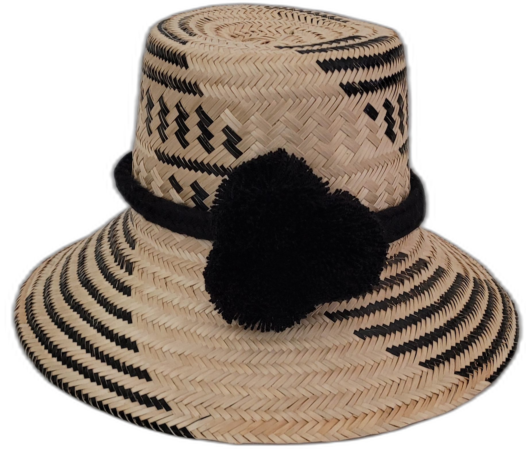 Brooke handmade Wayuu hat with minimalist black and natural weave and black pompom

