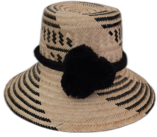 Brooke handmade Wayuu hat with minimalist black and natural weave and black pompom


