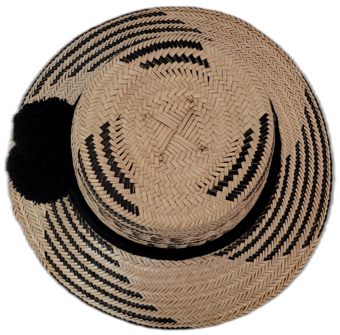 Handmade Wayuu palm hat Brooke with black-on-natural pattern and bold black pompom


