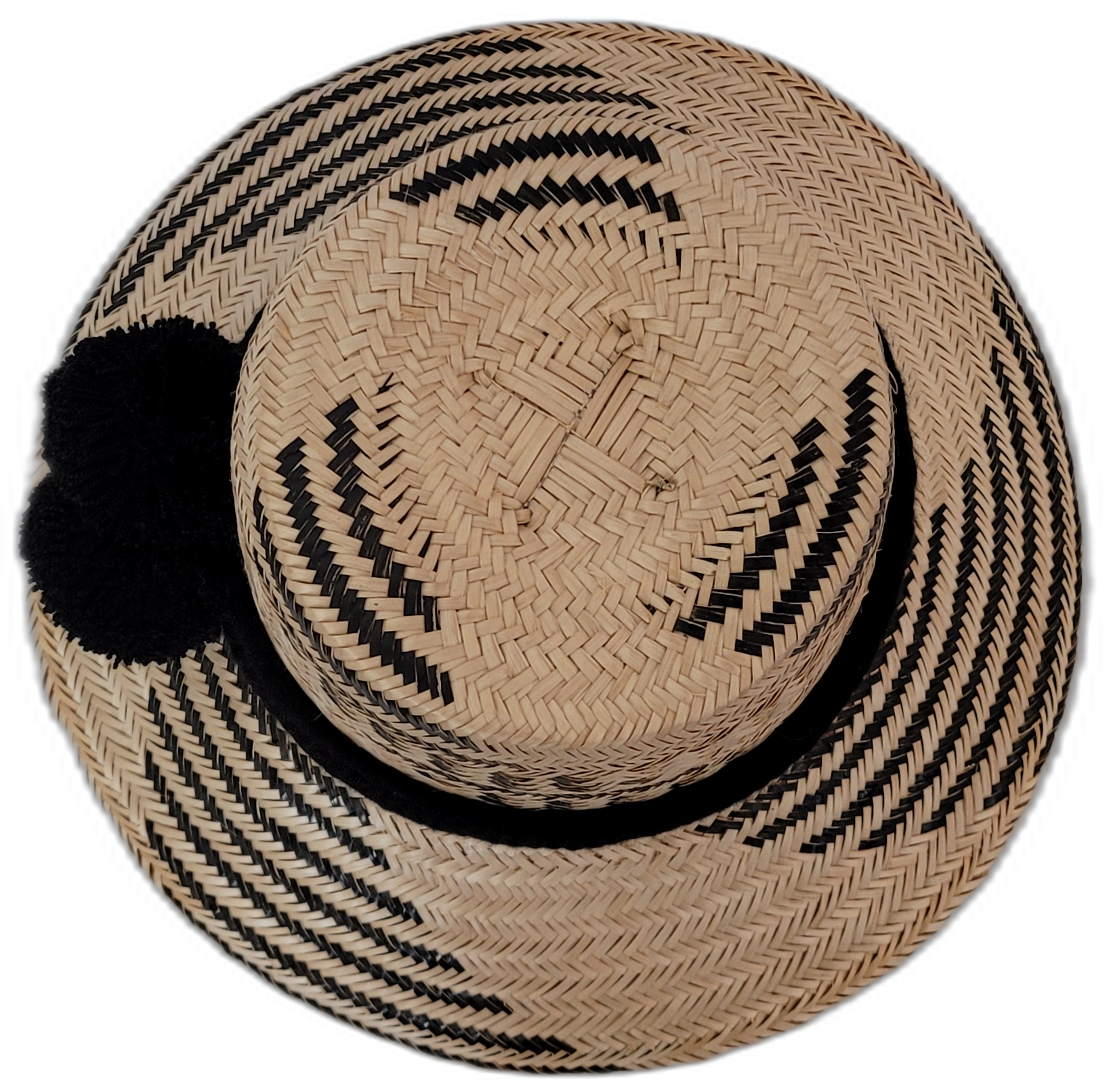 Handmade Wayuu palm hat Brooke with black-on-natural pattern and bold black pompom

