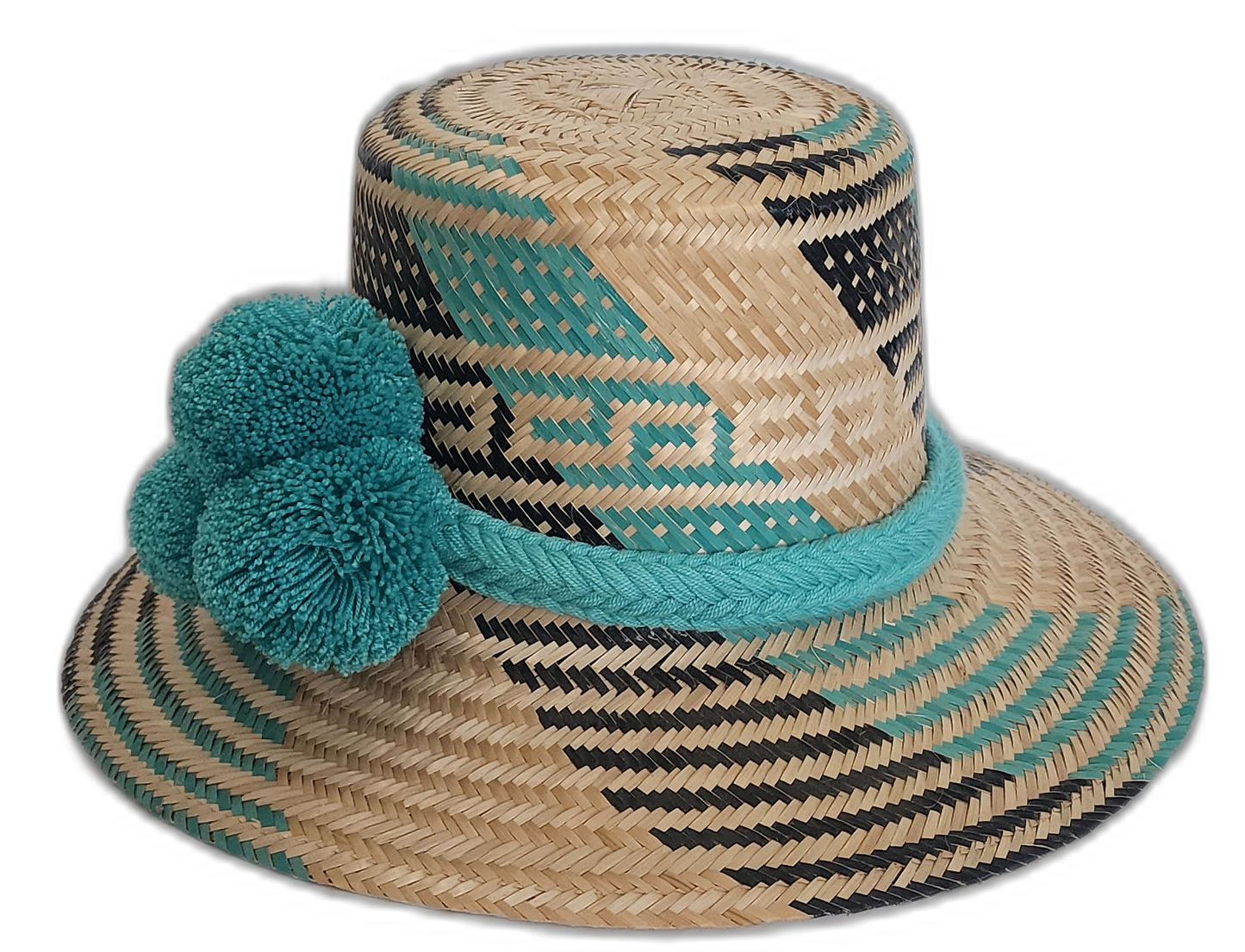 Bohemian straw hat in turquoise and black with large pompoms and artisan band.