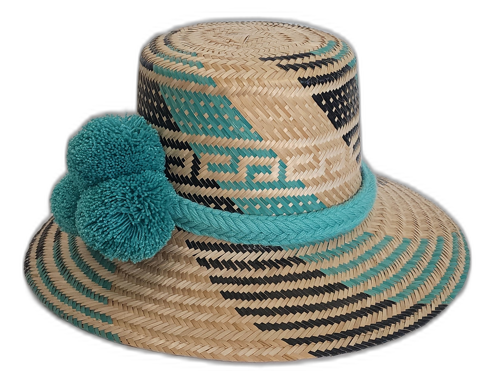 Bohemian straw hat in turquoise and black with large pompoms and artisan band.