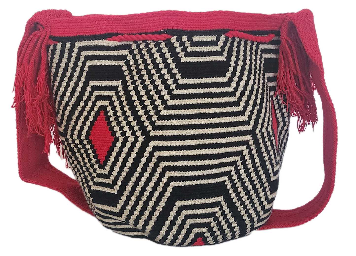 Bohemian artisan Wayuu bag with bold red crochet strap and tassel ties, paired with striking black and white woven design — handmade and colorful.