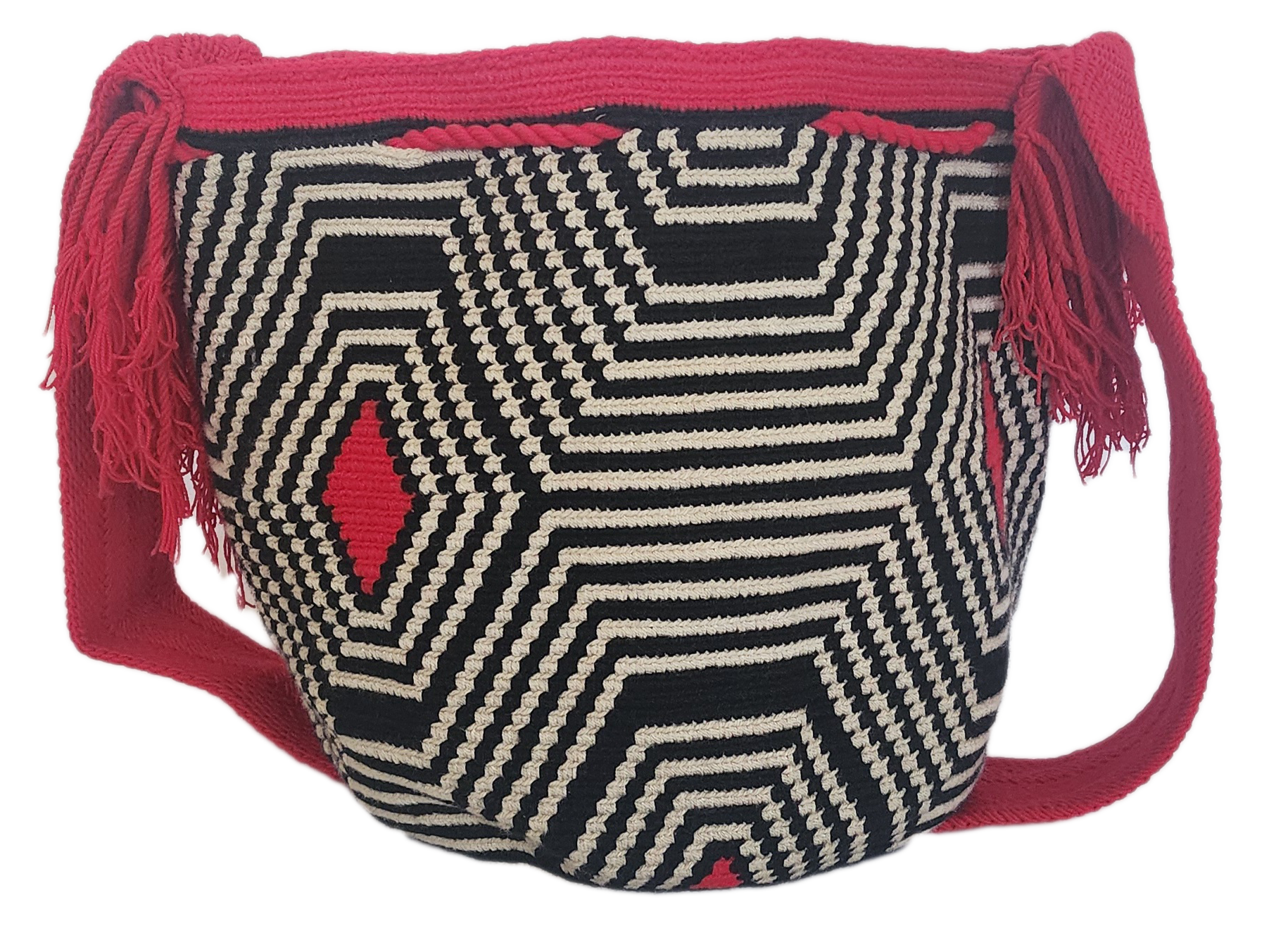 Bottom view Bohemian artisan Wayuu bag with bold red crochet strap and tassel ties, paired with striking black and white woven design — handmade and colorful.