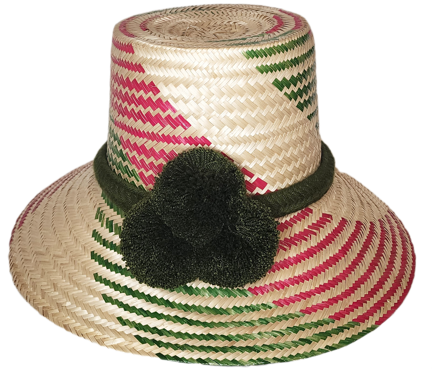 "Colorful artisan Wayuu hat with decorative pompoms, handwoven from Iraca palm, showcasing unique craftsmanship and cultural 