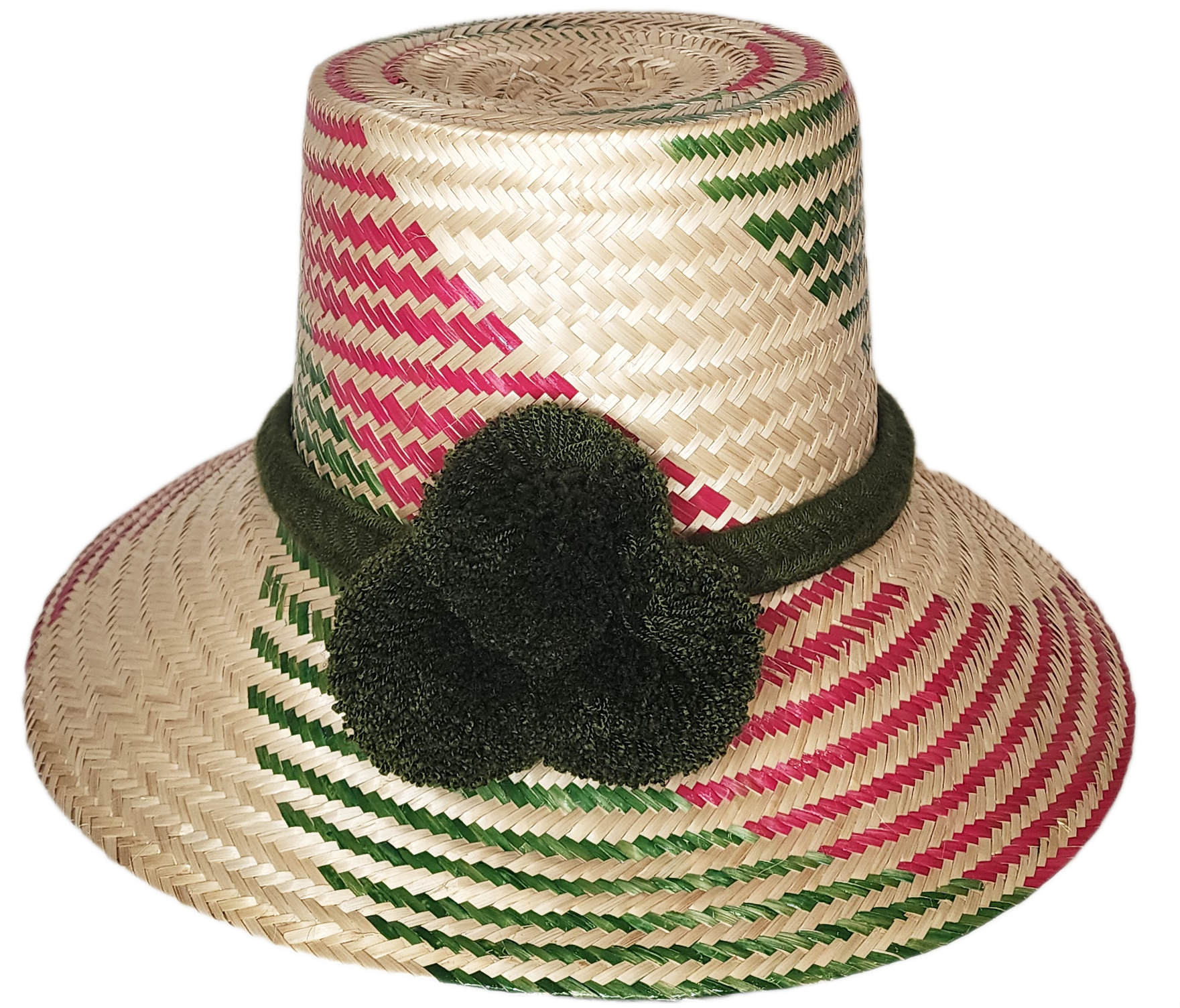 "Colorful artisan Wayuu hat with decorative pompoms, handwoven from Iraca palm, showcasing unique craftsmanship and cultural 