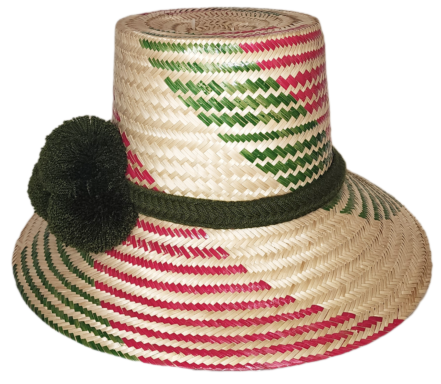 "Colorful artisan Wayuu hat with decorative pompoms, handwoven from Iraca palm, showcasing unique craftsmanship and cultural 