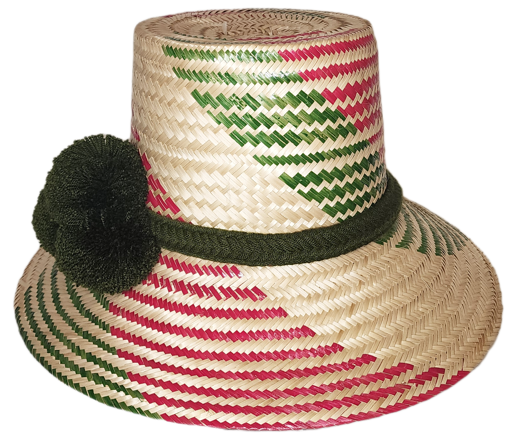 "Colorful artisan Wayuu hat with decorative pompoms, handwoven from Iraca palm, showcasing unique craftsmanship and cultural 