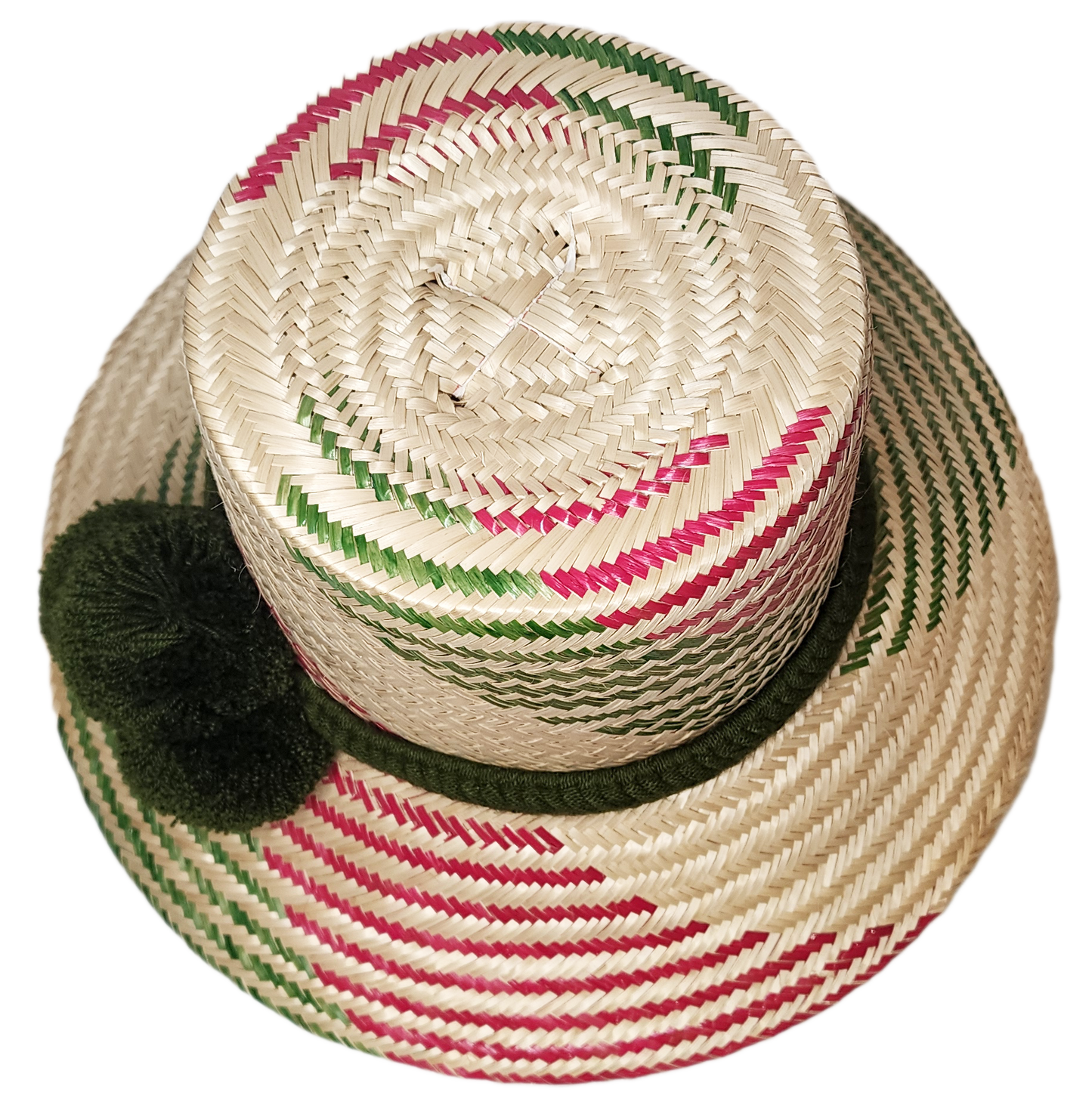 "Colorful artisan Wayuu hat with decorative pompoms, handwoven from Iraca palm, showcasing unique craftsmanship and cultural 