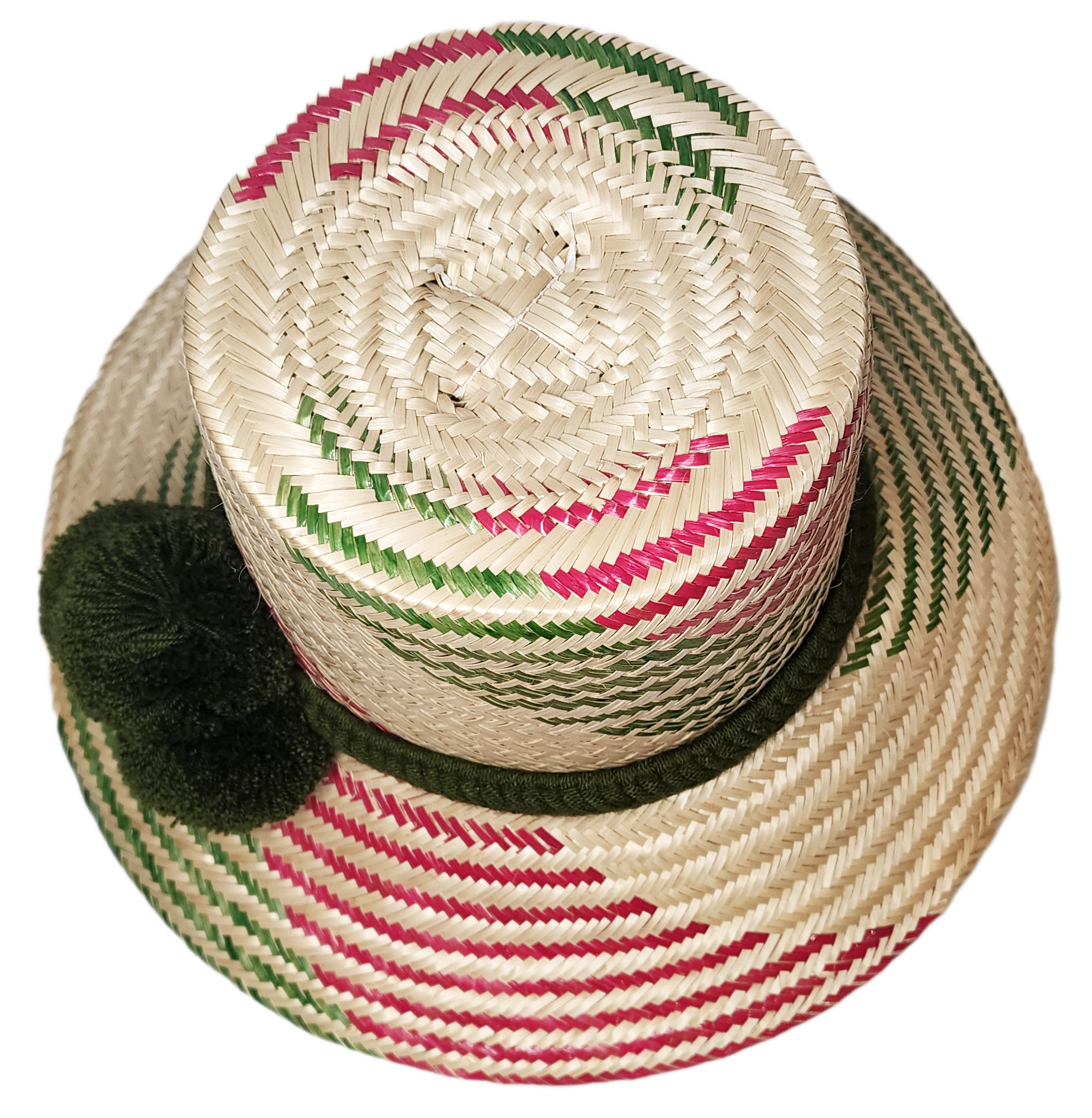 "Colorful artisan Wayuu hat with decorative pompoms, handwoven from Iraca palm, showcasing unique craftsmanship and cultural 