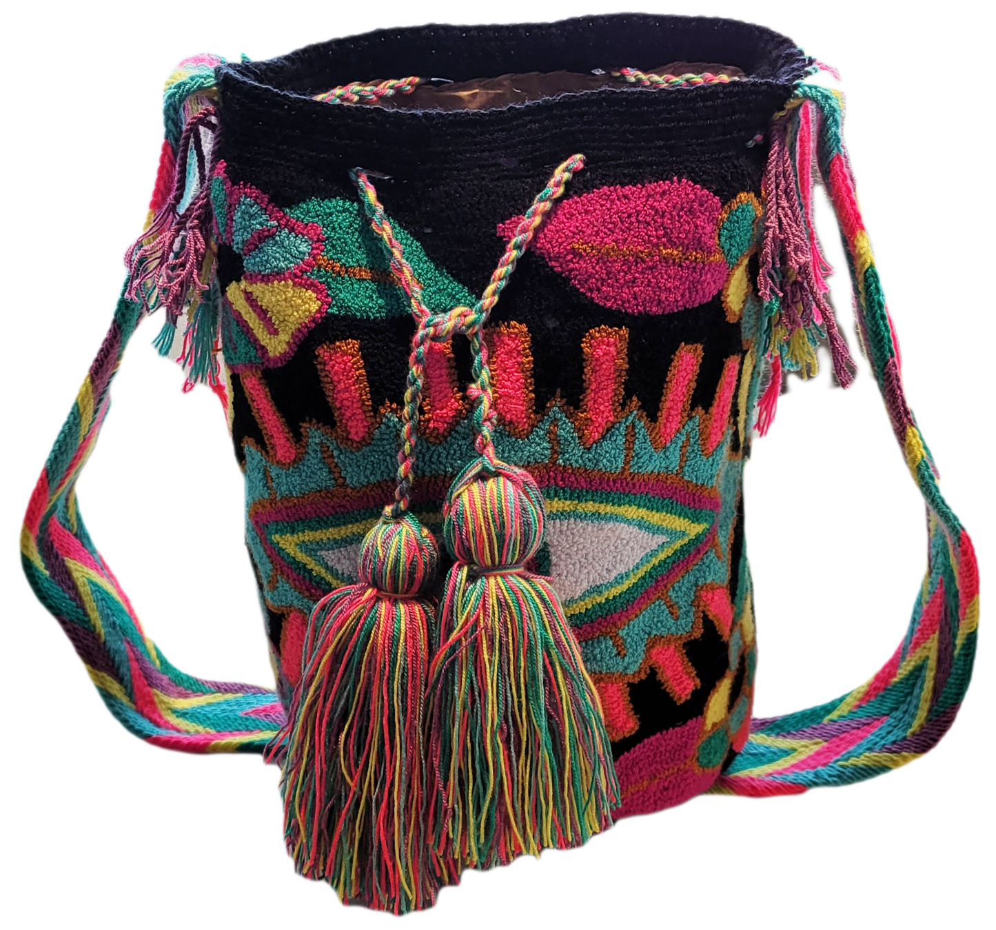 Handmade Wayuu bag featuring colorful embroidered art