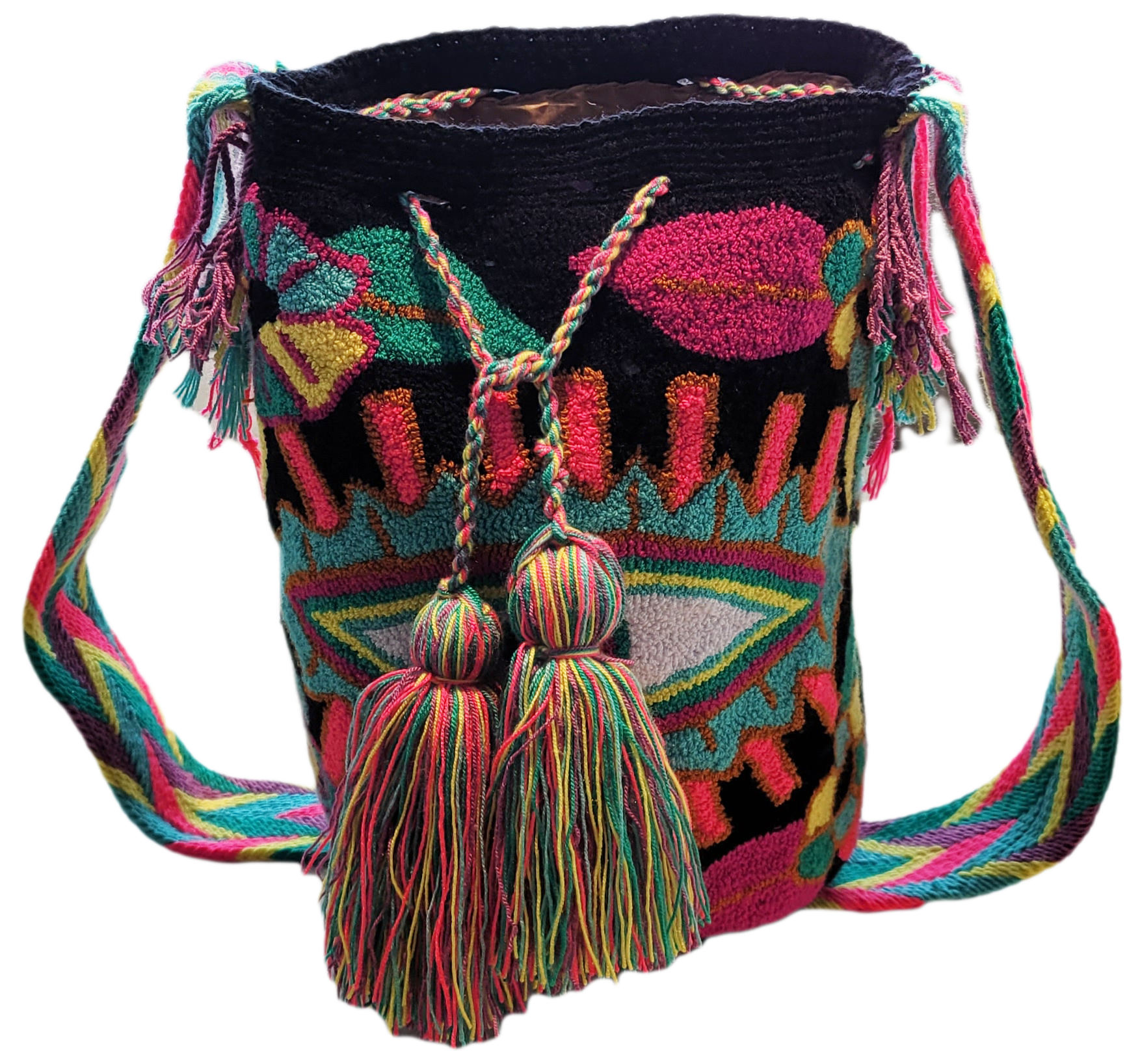 Handmade Wayuu bag featuring colorful embroidered art