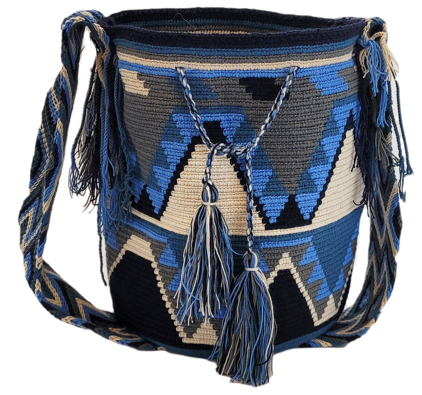 Navy and cream Wayuu crochet crossbody bag with zigzag design and multicolor tassels. Ethically made and fair trade certified.