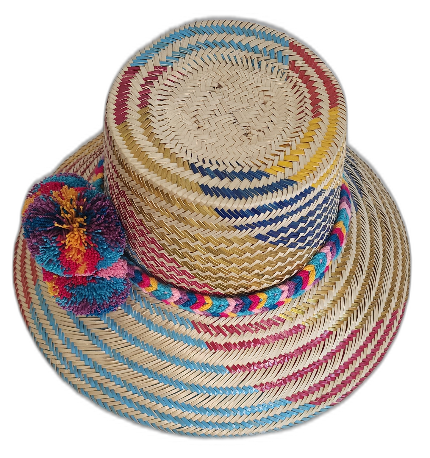 Multicolor Boho Chick straw hat with traditional Wayuu design