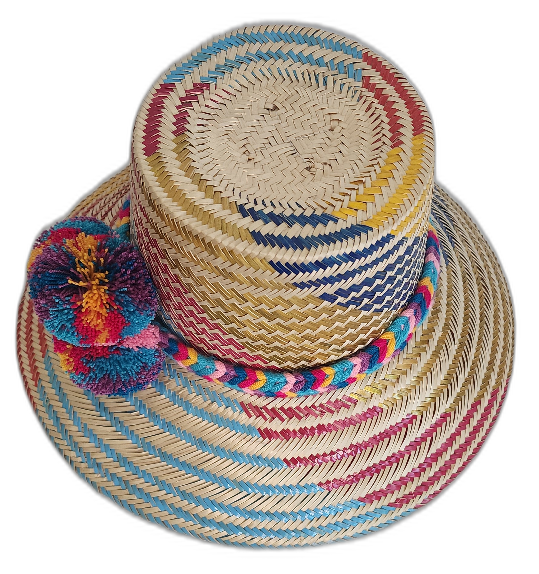 Multicolor Boho Chick straw hat with traditional Wayuu design
