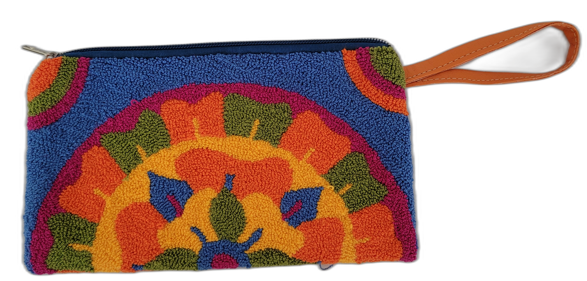 1 Colorful Wayuu clutch named Brynn, crafted with punch needle embroidery in orange, navy blue, golden yellow, green, and hot pink. Boho chic and fair trade.

