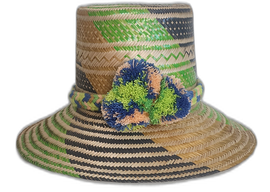 Bohemian Wayuu straw hat with green, navy, and peach pompoms