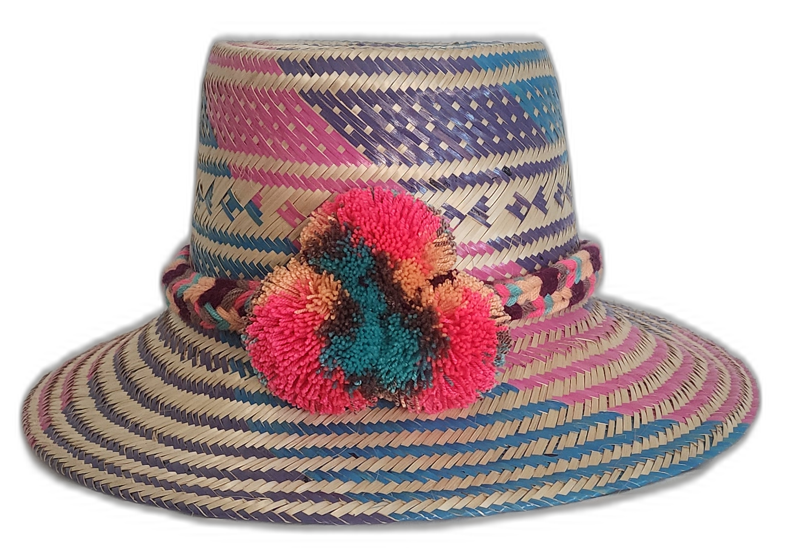 Colorful handmade Wayuu hat with pink, teal, and peach pompoms
