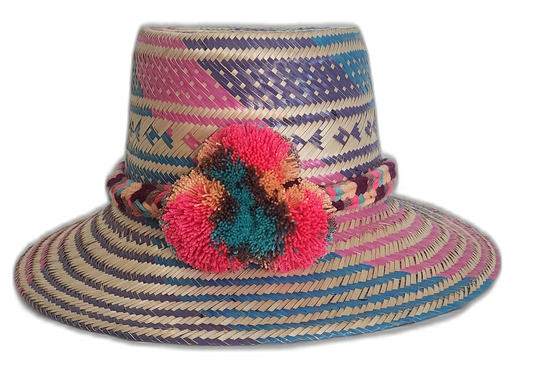 Colorful handmade Wayuu hat with pink, teal, and peach pompoms