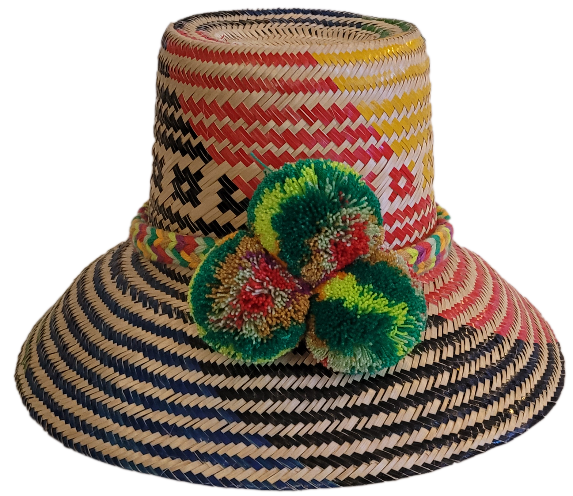Boho Straw Hat with vibrant green, yellow, and red pompoms and multicolor weave.