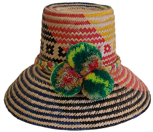 Boho Straw Hat with vibrant green, yellow, and red pompoms and multicolor weave.