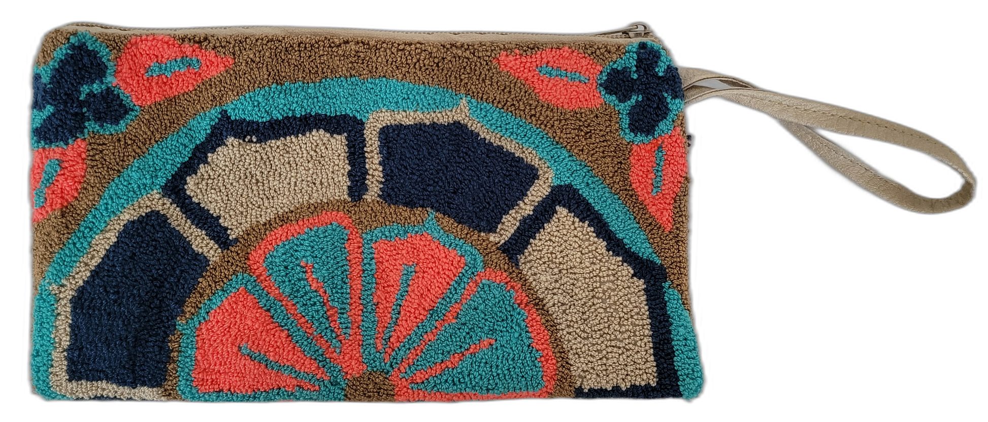 1 Boho clutch with floral punch needle details in earthy brown and bold coral tones

