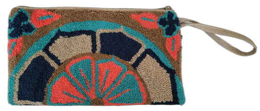 Boho clutch with floral punch needle details in earthy brown and bold coral tones

