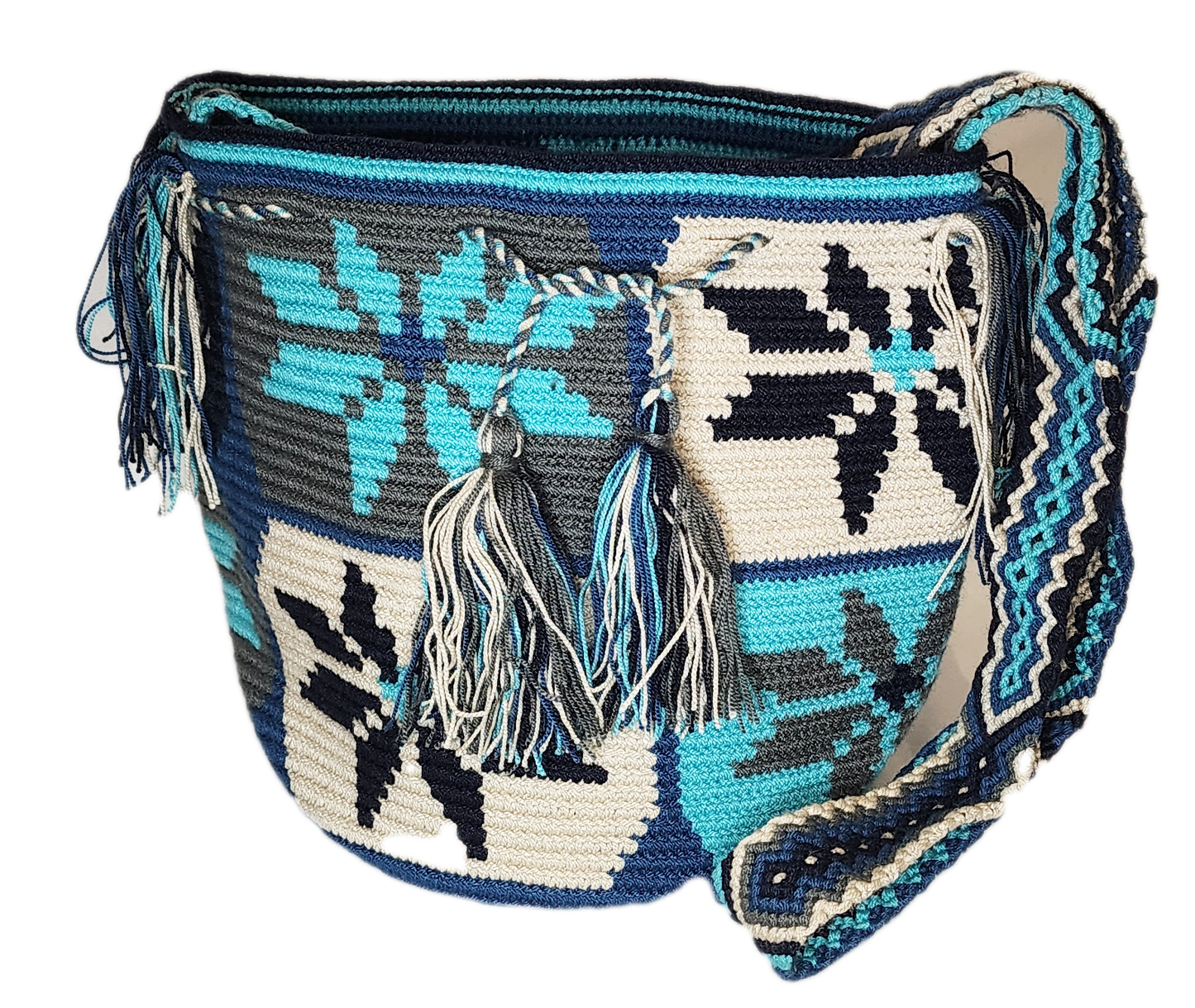 Colorful handmade crochet book bag with geometric floral design and braided shoulder strap, perfect for summer style.