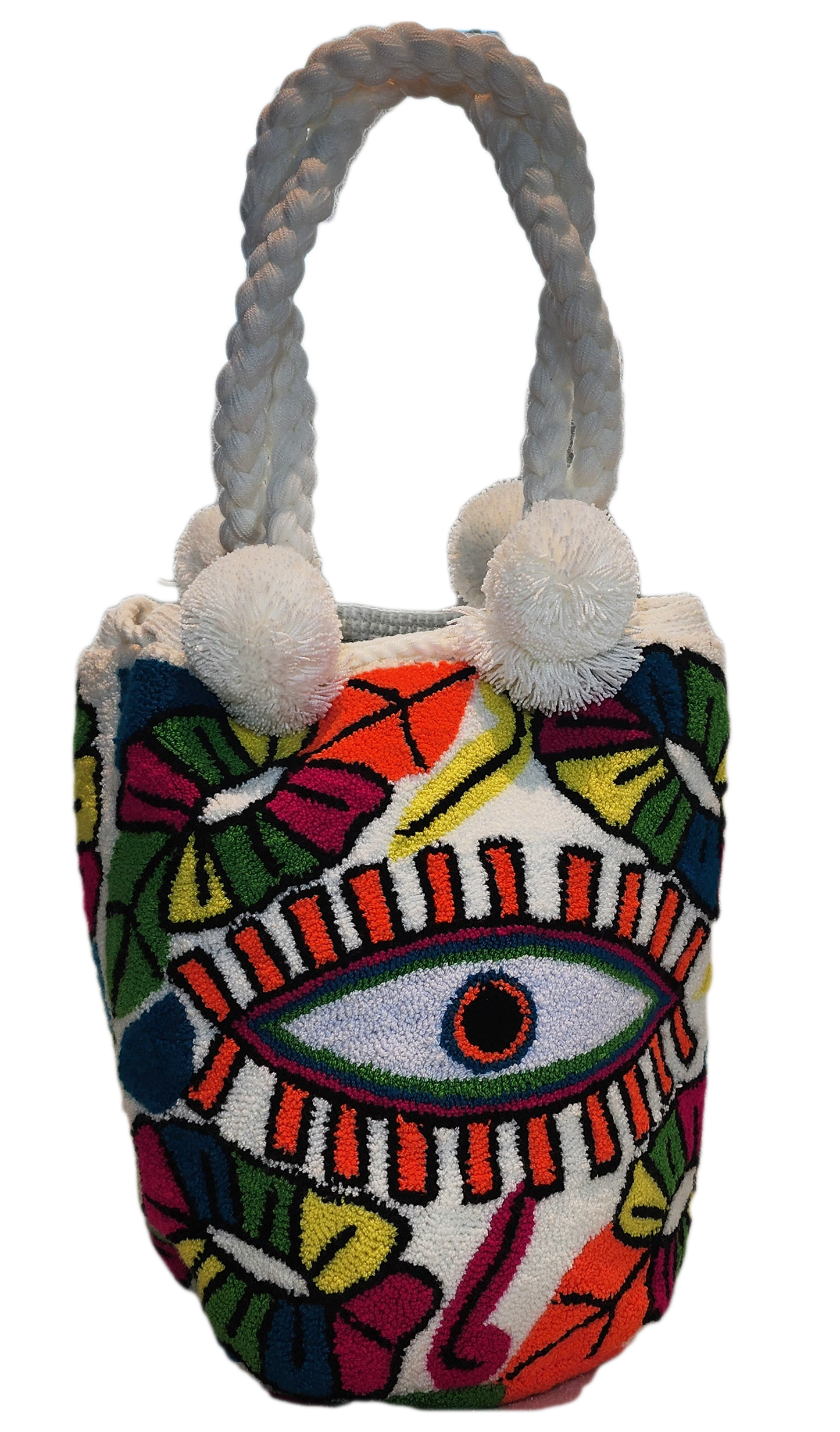 Handmade Wayuu punch needle bag with bright bohemian design