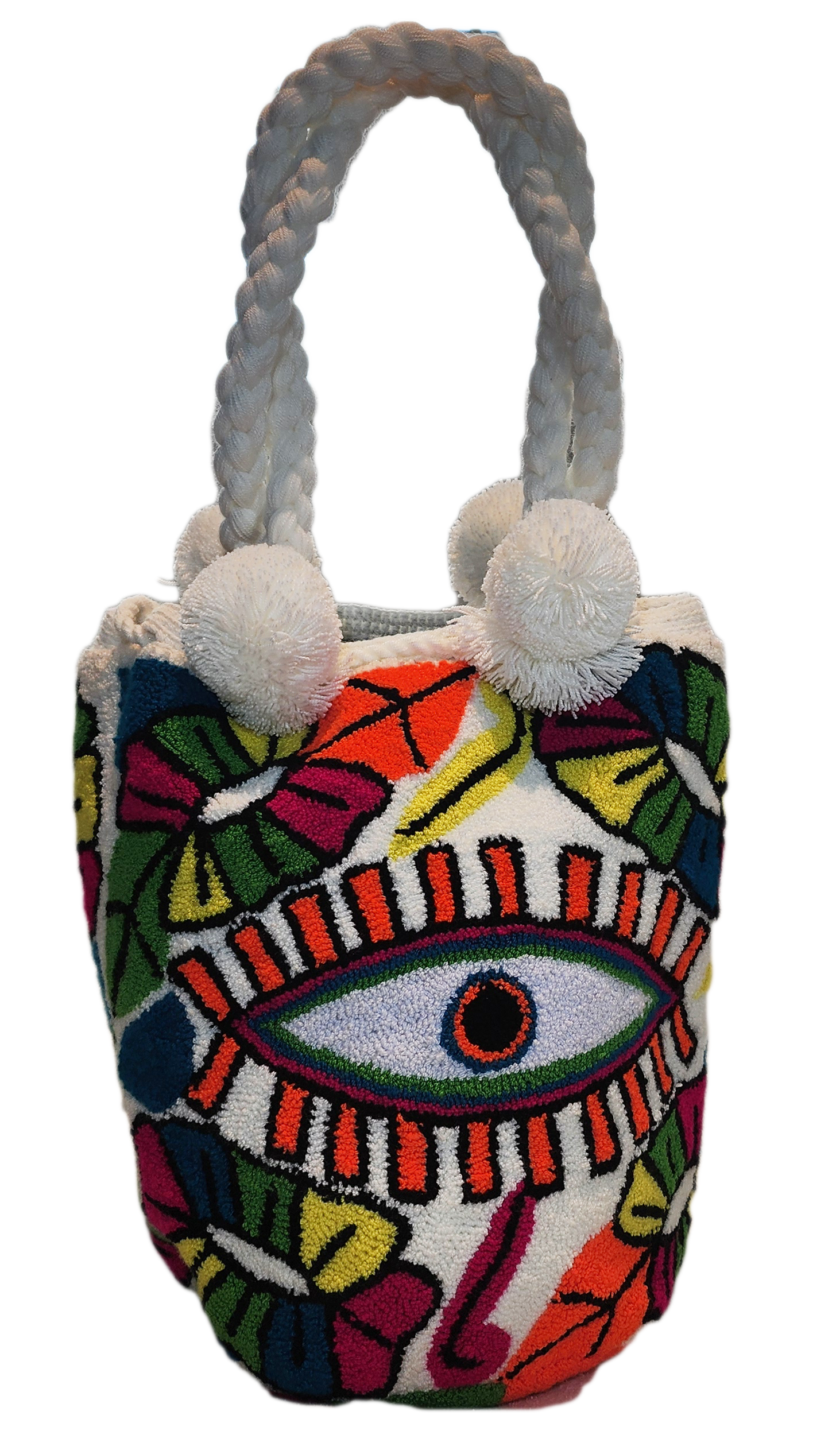 Bottom view Handmade Wayuu punch needle bag with bright bohemian design