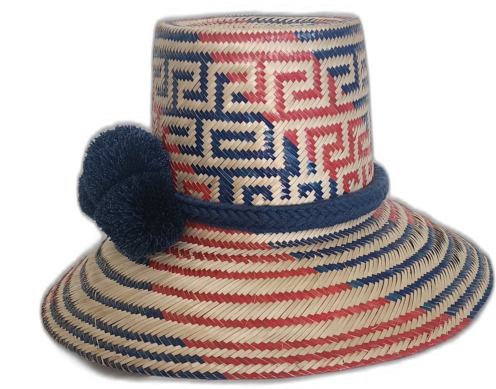 Colorful Boho Chick Hat with geometric Wayuu patterns, expertly woven by hand
