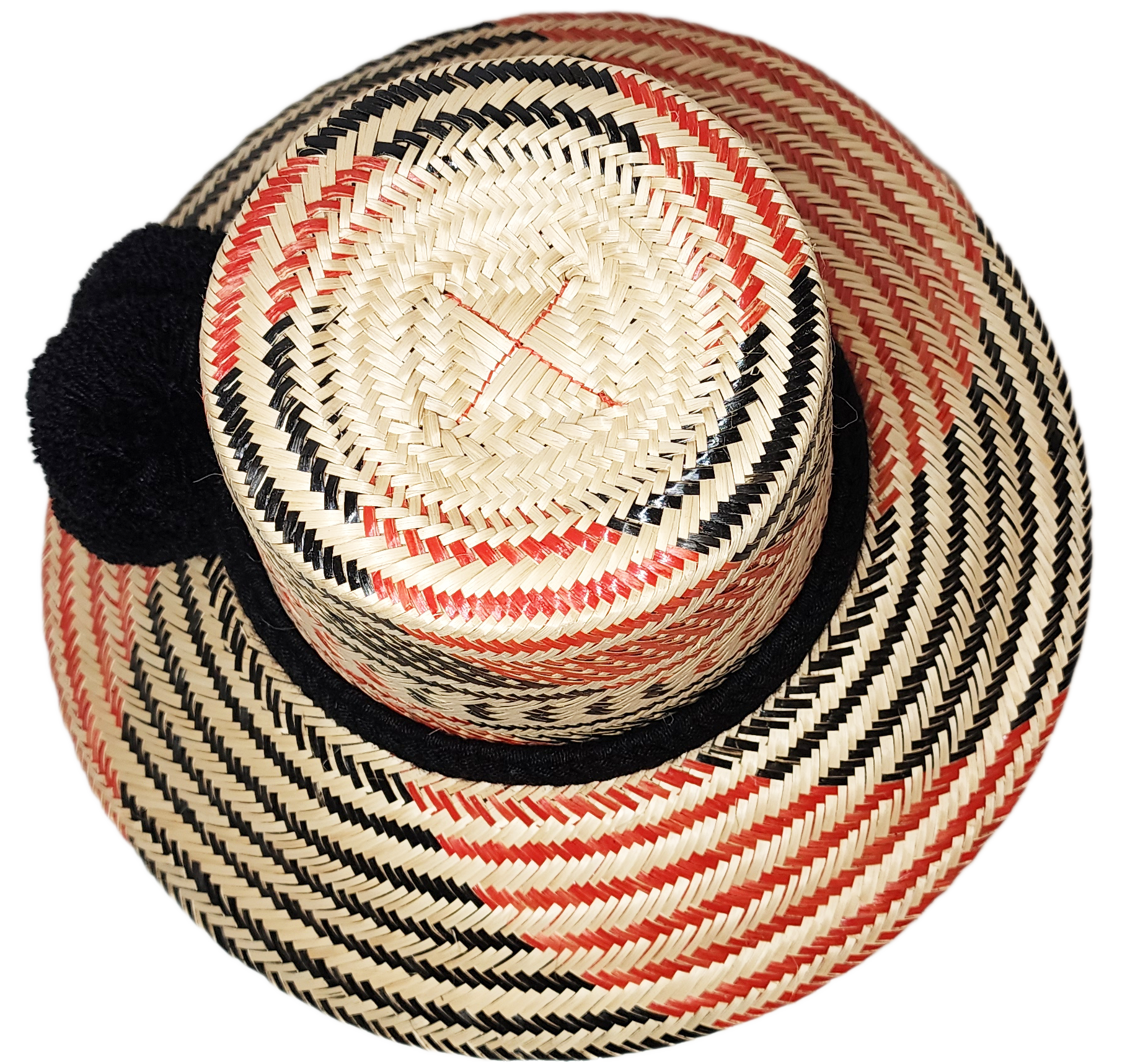 "Colorful handcrafted Artisan Wayuu hat adorned with meaningful pompoms, made from Iraca palm fibers by Wuitusu artisans."