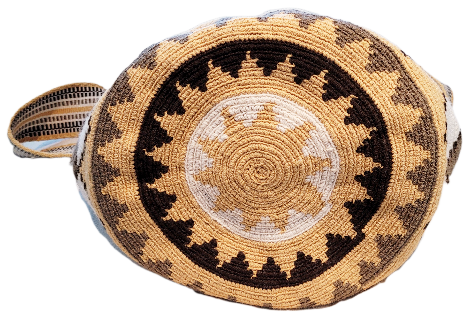 "Colorful handcrafted Paleteada Crochet Wayuu Bag by Wuitusu artisans, featuring intricate geometric patterns and a durable s
