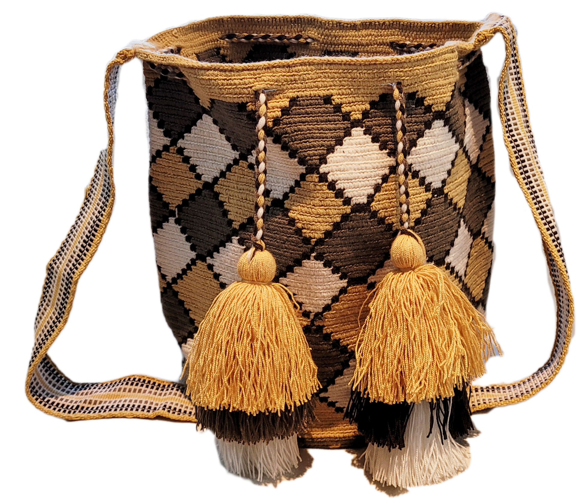 "Colorful handcrafted Paleteada Crochet Wayuu Bag by Wuitusu artisans, featuring intricate geometric patterns and a durable s