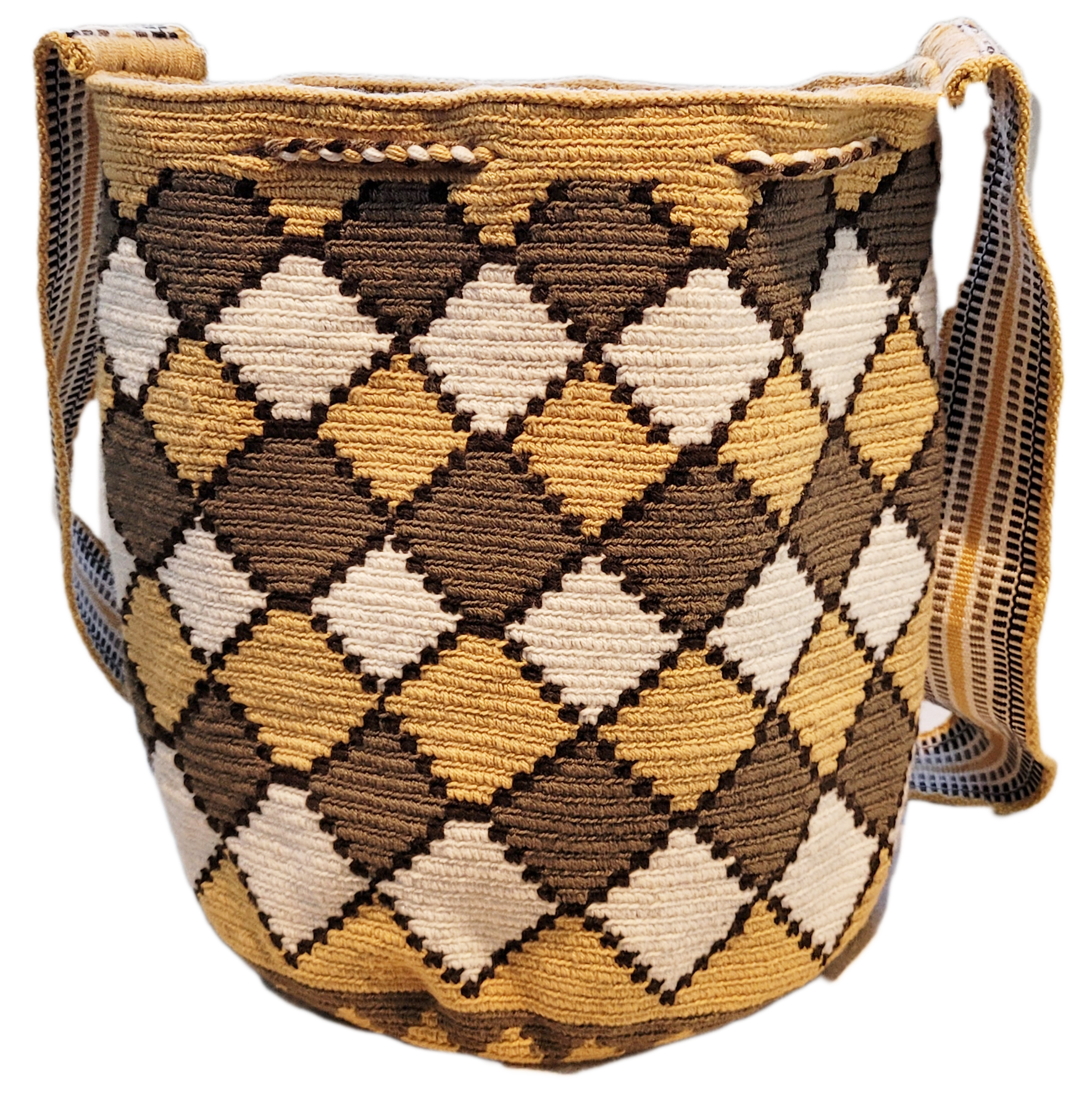 Bottom view "Colorful handcrafted Paleteada Crochet Wayuu Bag by Wuitusu artisans, featuring intricate geometric patterns and a durable s