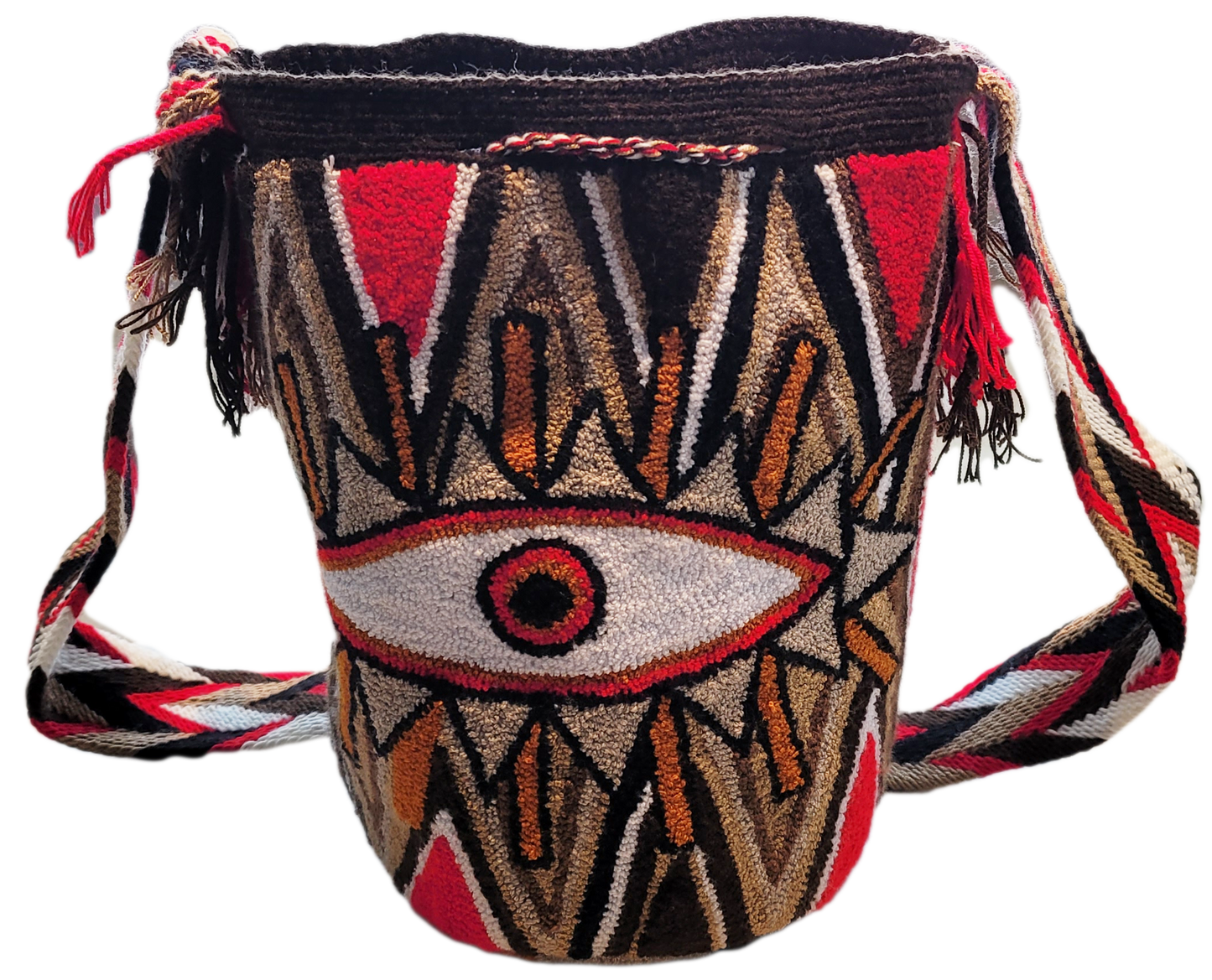 "Colorful handcrafted Wayuu crochet bag with unique geometric patterns, crafted by indigenous artisans, suitable for versatil