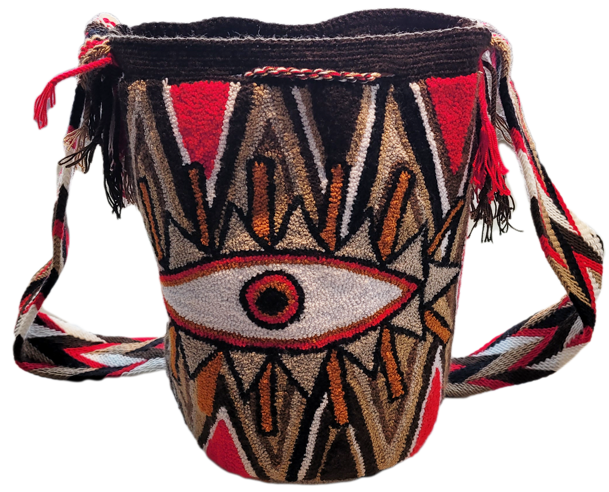 Bottom view "Colorful handcrafted Wayuu crochet bag with unique geometric patterns, crafted by indigenous artisans, suitable for versatil