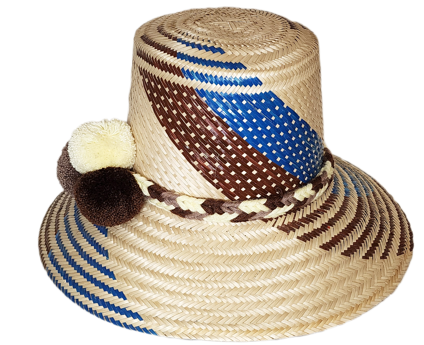 "Colorful, handcrafted Wayuu hat from Wuitusu, adorned with cultural pompoms, made from Iraca palm fibers."