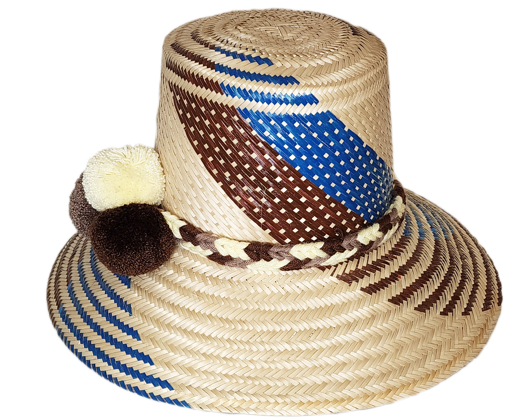 "Colorful, handcrafted Wayuu hat from Wuitusu, adorned with cultural pompoms, made from Iraca palm fibers."