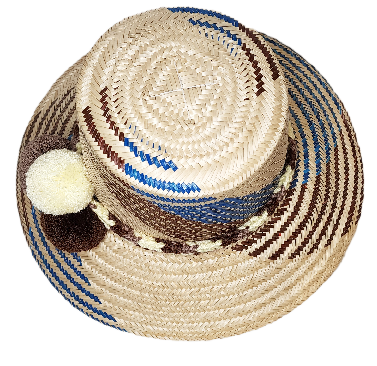 "Colorful, handcrafted Wayuu hat from Wuitusu, adorned with cultural pompoms, made from Iraca palm fibers."